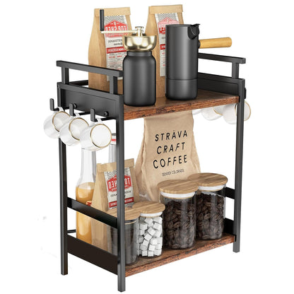 KLM 2 Tier Coffee Bar Organizer for Home Office, Spice Rack for Countertop, Kitchen Counter Storage Shelf with Hanging Basket, Coffee and Tea Condiment Station Organizer