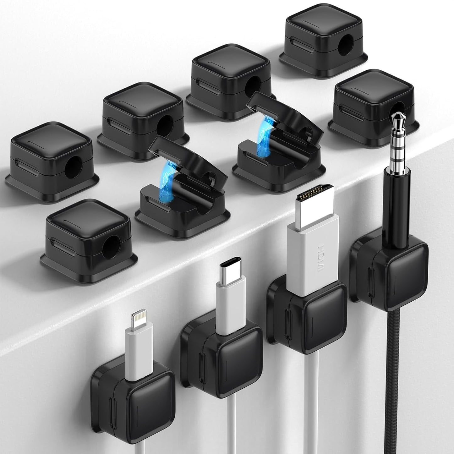12 Pack Cord Organizer, Magnetic Cable Clips, Under Desk Management, Black | 0.27in Cable Compatible,Strong Adheive Wire Holder Keeper,Easy Open Phone Charger Holder for Home Car Desk Nightstand Office