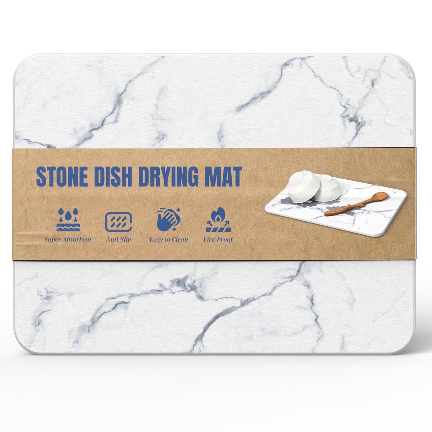 Quick Dry Stone Drying Mat for Kitchen Counter, Water-Absorbent Diatomaceous Dish Drying Mats, Multi-Purpose Stone Drying Tray for Cups Dishes Bottles, Carrara White Marble