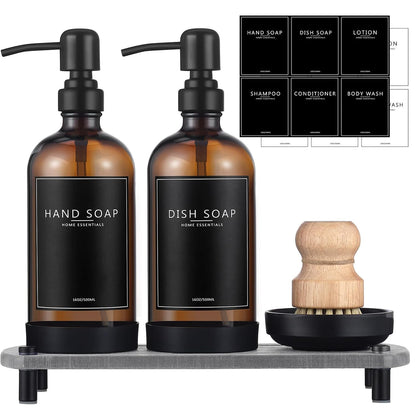 Kitchen Soap Dispenser Set with Instant Dry Tray,16 Oz Hand and Dish Soap Amber Glass Dispenser Set,Stainless Steel Pump,Waterproof Labels&Dish Brush,Luxury Soap Bottle for Kitchen,Bathroom