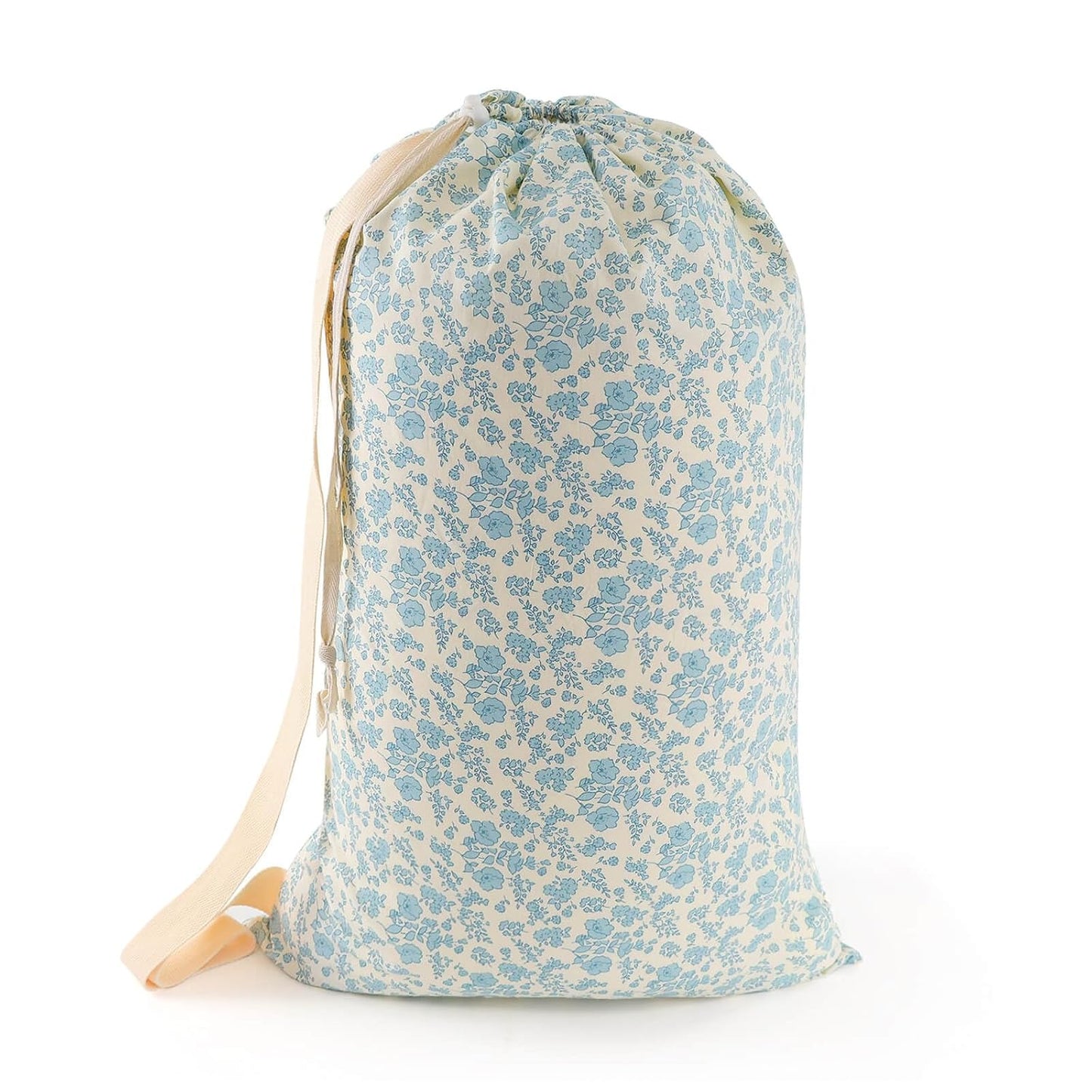 Laundry Bag Backpack for Dorm & Travel, 29 x 18" Large Dirty Bag | Cute Blue Floral College Clothes Pouch with Straps and Handles. Ideal for Apartment, Camp and Portable Bag for Laundromat