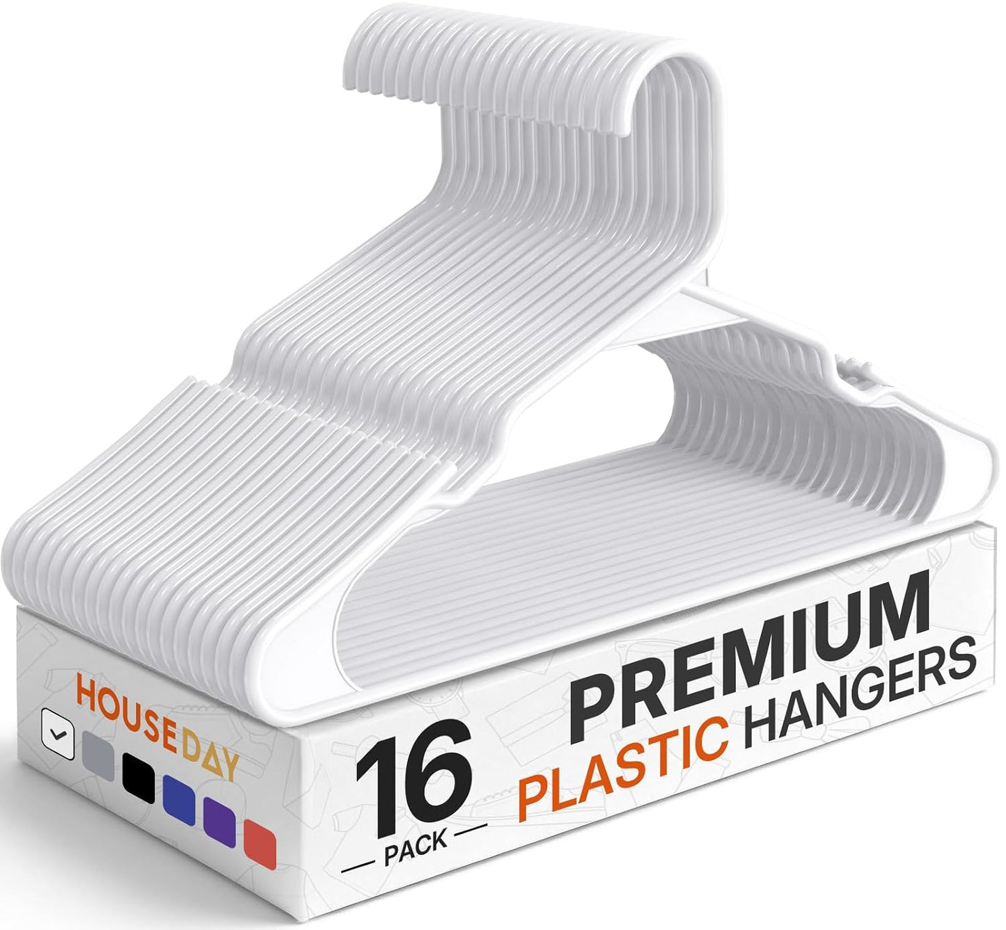 HOUSE DAY White Plastic Hangers 16 Pack – Slim Space Saving Clothes Hangers | Durable Hangers for Shirts, Coats and Pants, Non-Slip Notches Hold Straps, Small Bedroom Closets, Dorm & Apartment