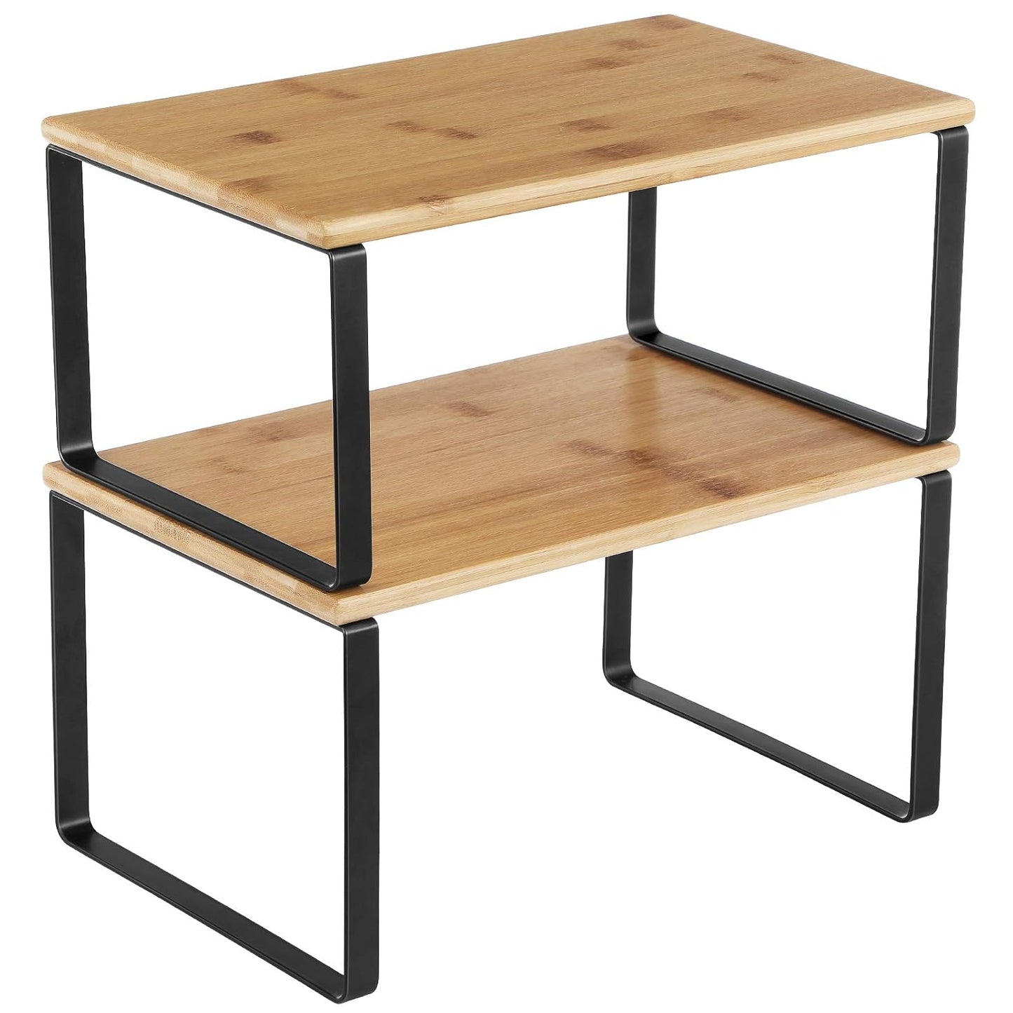SONGMICS Cabinet Organizer Shelf, Set of 2 Kitchen Counter Shelves, Kitchen Storage, Spice Rack, Stackable, Expandable, Metal and Engineered Wood, 11.7 Inches, Ink Black and Natural Beige UKCS02NB