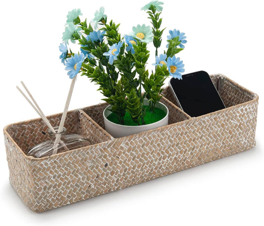 Seagrass Storage Basket for Bathroom, Wicker Toilet Basket Tank Topper, Woven Storage Box for Organizing (Whitewash, 14.6" x 4.7" x 3.1")