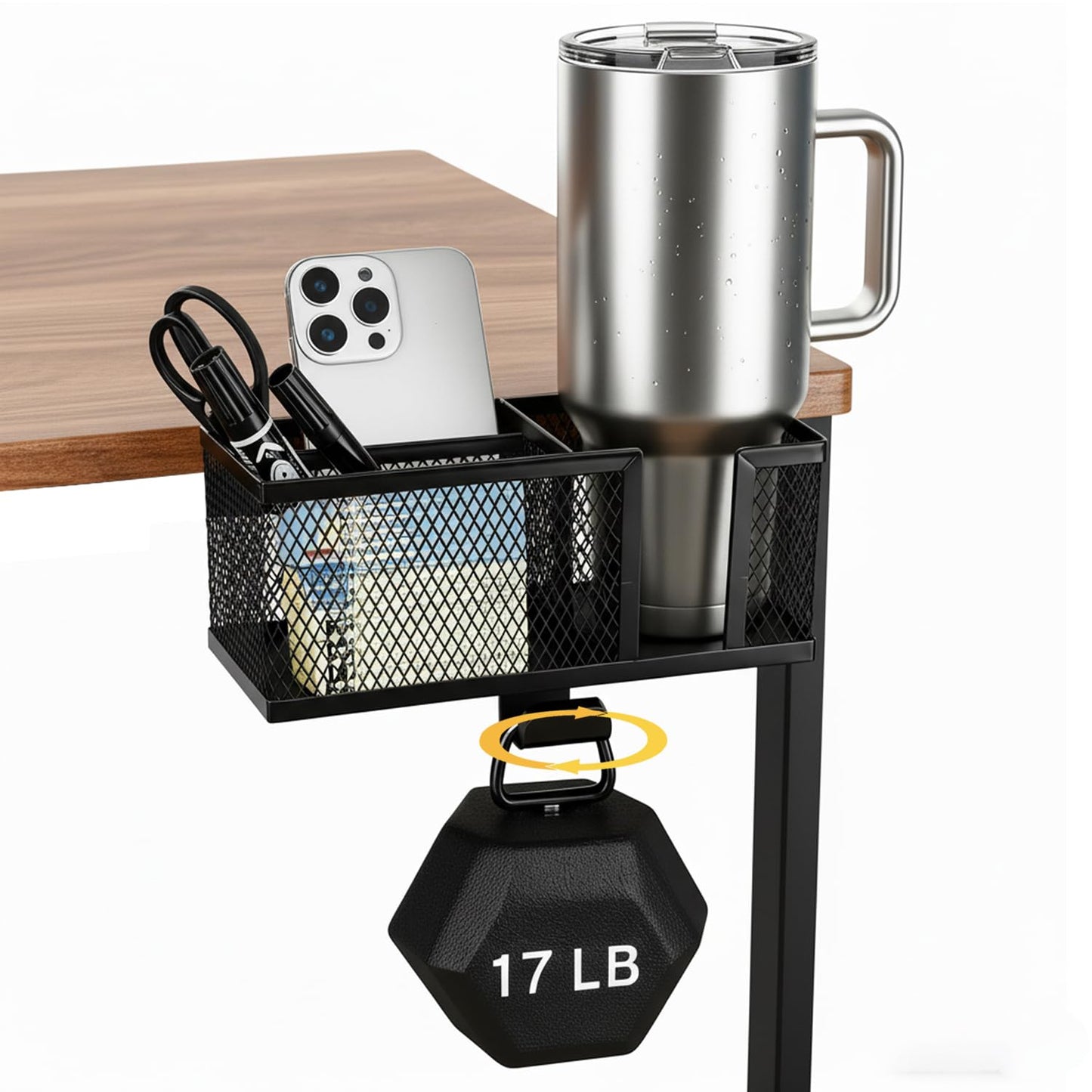 4 in 1 Metal Clip On Cup Holder Attachment for Gaming Desk or Table, Fits up to 40oz Cups, Sturdy and Easy to Clamp, Attachable Anti-Spill Cup Holder for Chair, Bedside, Bottles, Drinks - Black