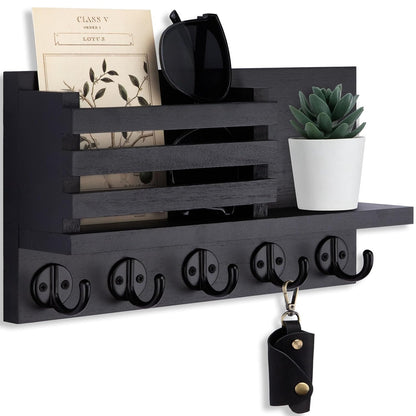 Lwenki Key Holder for Wall – Decorative Wooden Mail Holder and Key Shelf with Mounting Hardware, Installation Guide – Paulownia Wood with Metal Key Hooks (Black, Large - 11.8inch)