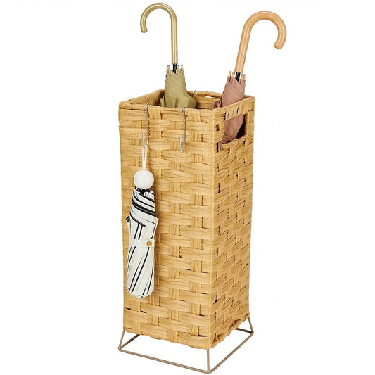 Umbrella Holder for Entryway - Handwoven Rattan Umbrella Stand Indoor with Water Reservoir Base, Durable Metal Hooks & Drip Tray, Stylish Umbrella Basket and Umbrella Storage Bucket