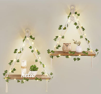 Mkono Macrame Wall Hanging Shelves Set of 2 with Artificial Ivy Lights | Boho Wall Decor, Wood Floating Storage Shelf, Display Plants Photos, Bedroom Bathroom Living Room Nursery Dorm Kitchen, White