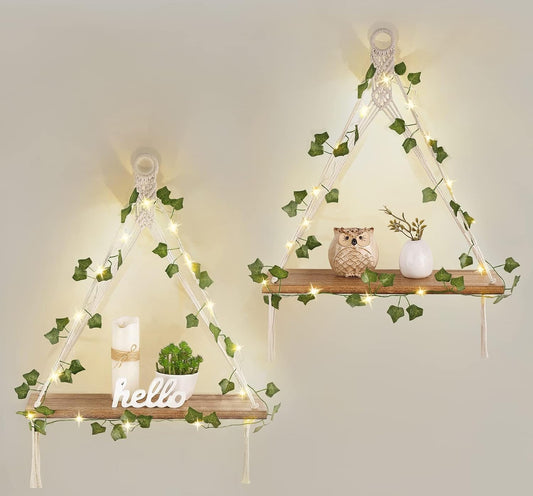 Mkono Macrame Wall Hanging Shelves Set of 2 with Artificial Ivy Lights | Boho Wall Decor, Wood Floating Storage Shelf, Display Plants Photos, Bedroom Bathroom Living Room Nursery Dorm Kitchen, White