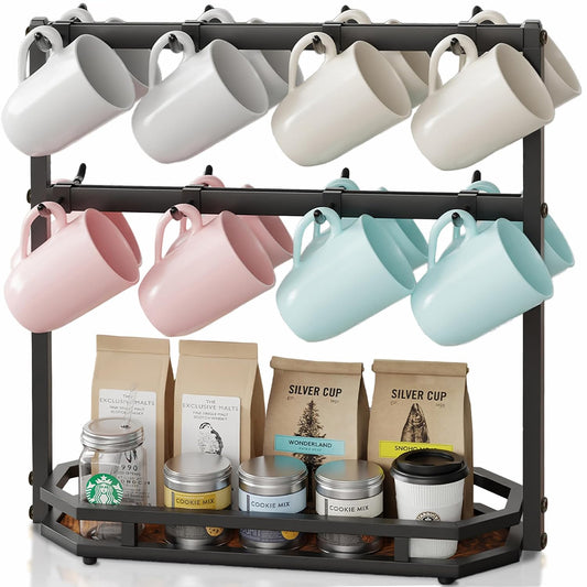 Coffee Mug Holder with Movable Hooks,16 Capacity Coffee Cup Holder for Countertop, Metal Mug Tree Holder Rack with Storage Base,Home Storage Mug Organizer adjustable Heights (Black)