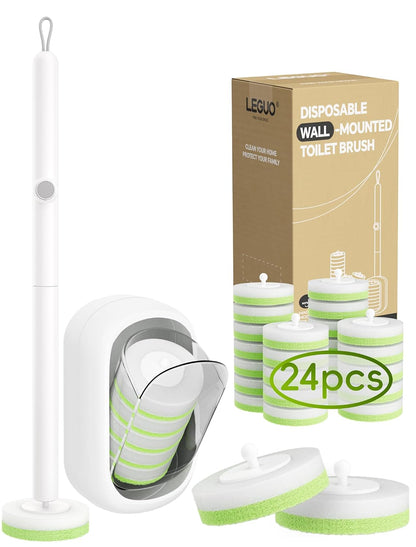 Wall Mounted Disposable Toilet Brush System with Holder, Toilet Bowl Cleaning Wand with Green Refills and One-Button Release, 1 Wand and Holder with 24 Green Refills