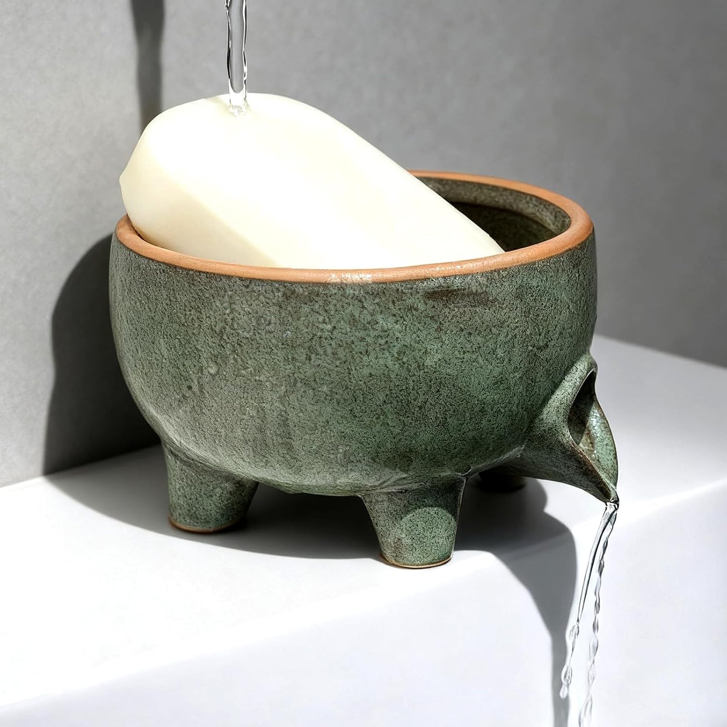 Soap Dish with Drainage, Ceramic Self Draining bar Soap Holder | Soap saver for shower, bathroom, kitchen sink, countertop. Keeps bar dry & lasts longer. Round Avocado Green
