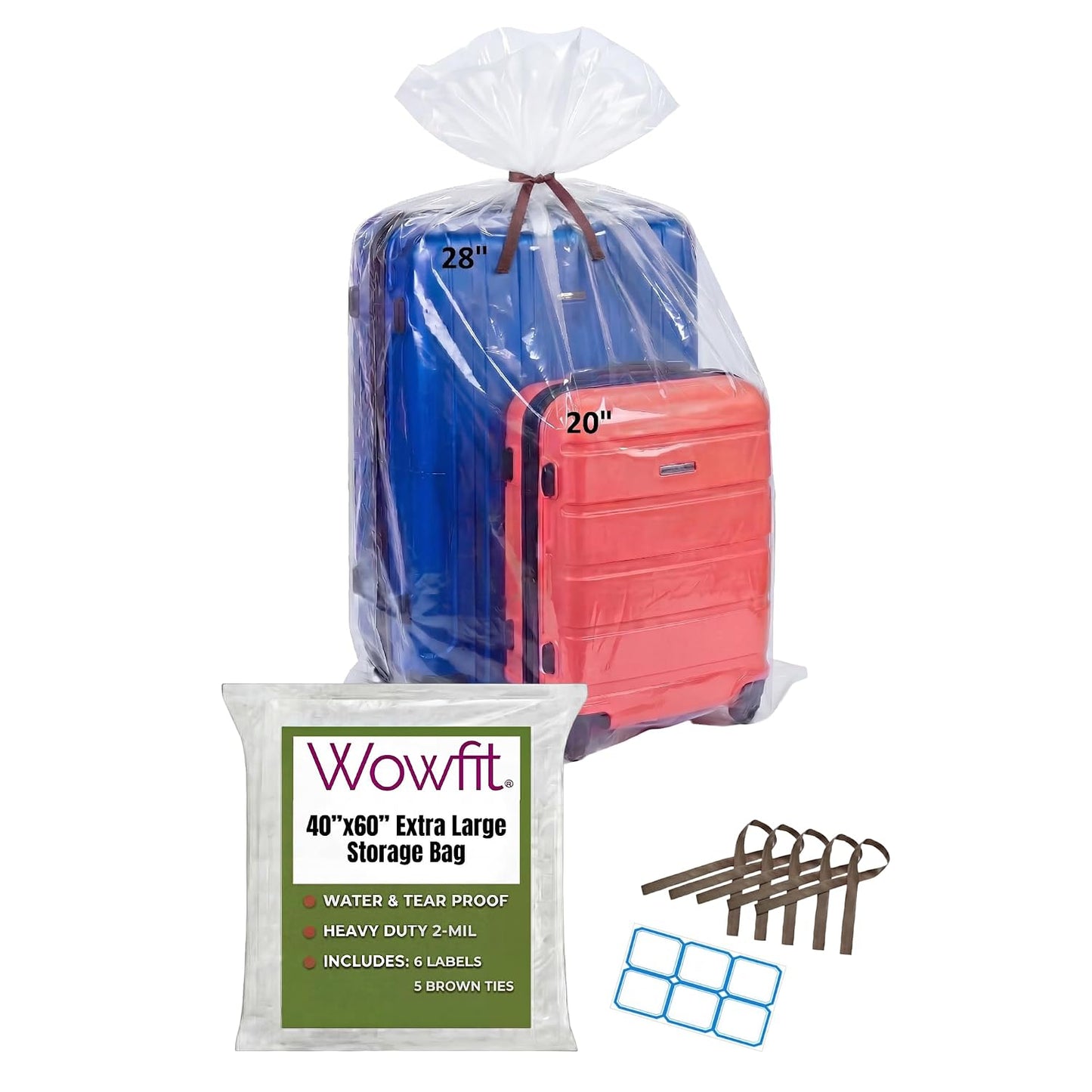 Wowfit Extra Large Storage Bags for Car Seat & Luggage, 40x60, 5 CT, 2 Mil | With Ties & Labels, Clear Flat Plastic, Thick, Patio Cushions, Baby Gear, Christmas Decor, Plants, Attic, Garage, Dust Cover