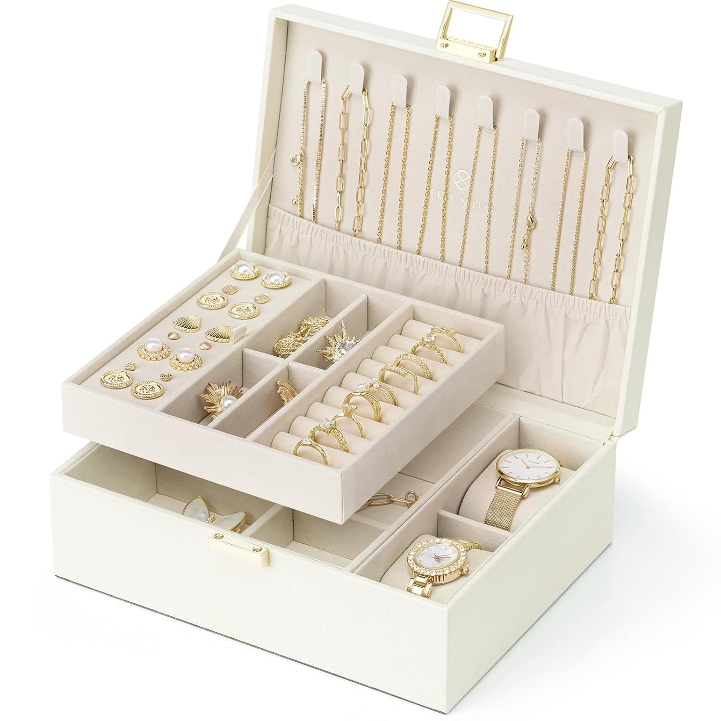 VLANDO Jewelry Organizer,2 Layer Jewelry Box Large Jewelry Organizer for Mothers Day Mom Gifts Women Removable Jewelery Tray with Watch Pillow for Necklace Earrings Rings Bracelets(Cream White)