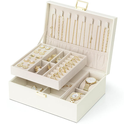 VLANDO Jewelry Organizer,2 Layer Jewelry Box Large Jewelry Organizer for Mothers Day Mom Gifts Women Removable Jewelery Tray with Watch Pillow for Necklace Earrings Rings Bracelets(Cream White)