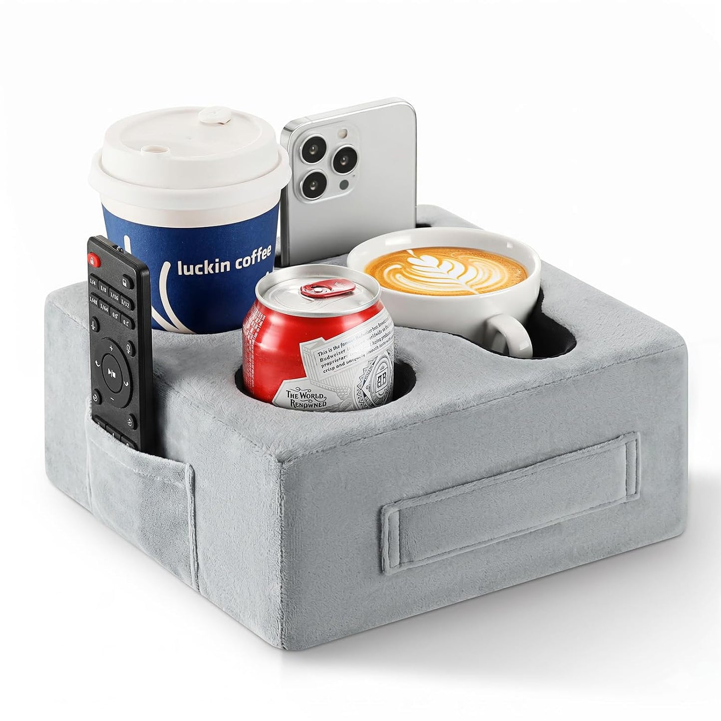 Luxspire Couch Cup Holder, Couch Caddy, 4 Holes, Gray | Couch Cup Holder Pillow Side Pocket and Handle, Couch Caddy Pillow for Phone/Drinks/Remote Control/Snacks
