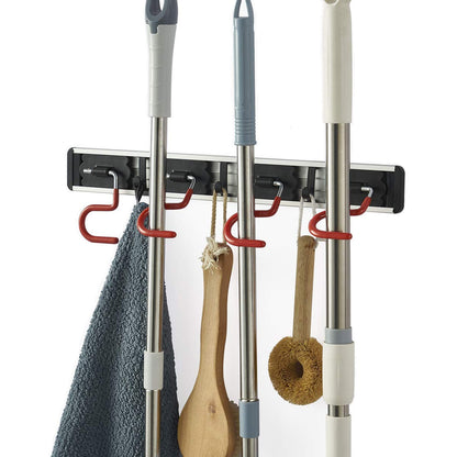 Wall Mounted Mop and Broom Holder Stainless Steel S Type Broom Rack Anti-Slip Mop Organizer (17 Inches,4 Positions 3 Hooks, Red black) (17inch)