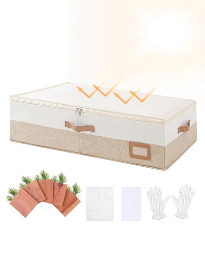 Wedding Dress Storage Box, Large Wedding Dress Preservation Box with 5 Cedar Wood Blocks, 30 Sheets of Acid-Free Tissue Paper, Microfiber Gloves, and Dust-Proof Bag-Beige&Linen Color