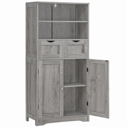 Iwell Storage Cabinet with 2 Drawers & Adjustable Shelf, Tall Bathroom Cabinet with Doors, Cupboard, Kitchen Cabinets for Living Room, Dining Room, Entryway, Grey
