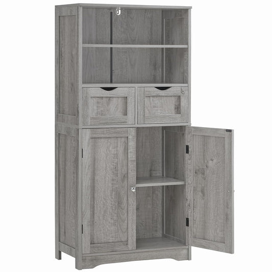 Iwell Storage Cabinet with 2 Drawers & Adjustable Shelf, Tall Bathroom Cabinet with Doors, Cupboard, Kitchen Cabinets for Living Room, Dining Room, Entryway, Grey
