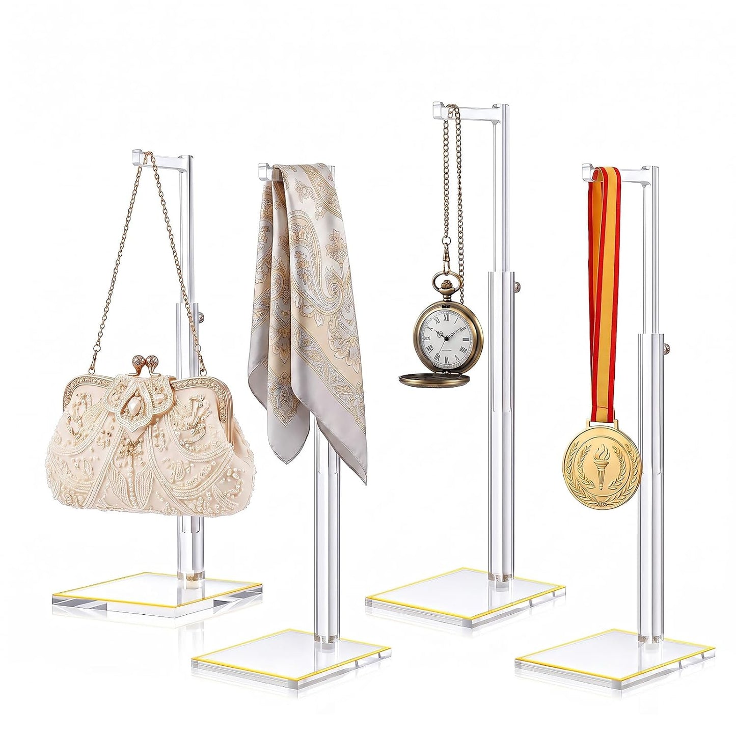 4Pcs Acrylic Purse Display Stands, 14"-24" Adjustable Height Handbag Holder with Anti-Slip Gold Trim Base, Standing Hooks for Necklace Scarf Medal Pocket Watch, Elegant Clear Rack for Closet Retail Boutique Counter