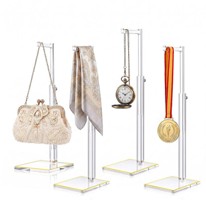4Pcs Acrylic Purse Display Stands, 14"-24" Adjustable Height Handbag Holder with Anti-Slip Gold Trim Base, Standing Hooks for Necklace Scarf Medal Pocket Watch, Elegant Clear Rack for Closet Retail Boutique Counter