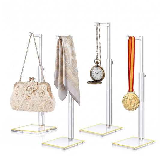 4Pcs Acrylic Purse Display Stands, 14"-24" Adjustable Height Handbag Holder with Anti-Slip Gold Trim Base, Standing Hooks for Necklace Scarf Medal Pocket Watch, Elegant Clear Rack for Closet Retail Boutique Counter