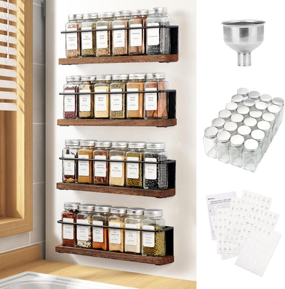 Magnetic Spice Rack with 24 Jars, 216 Labels, 1 Steel Funnel for Refrigerator，Microwave Oven - Full Set of Spice Organizer