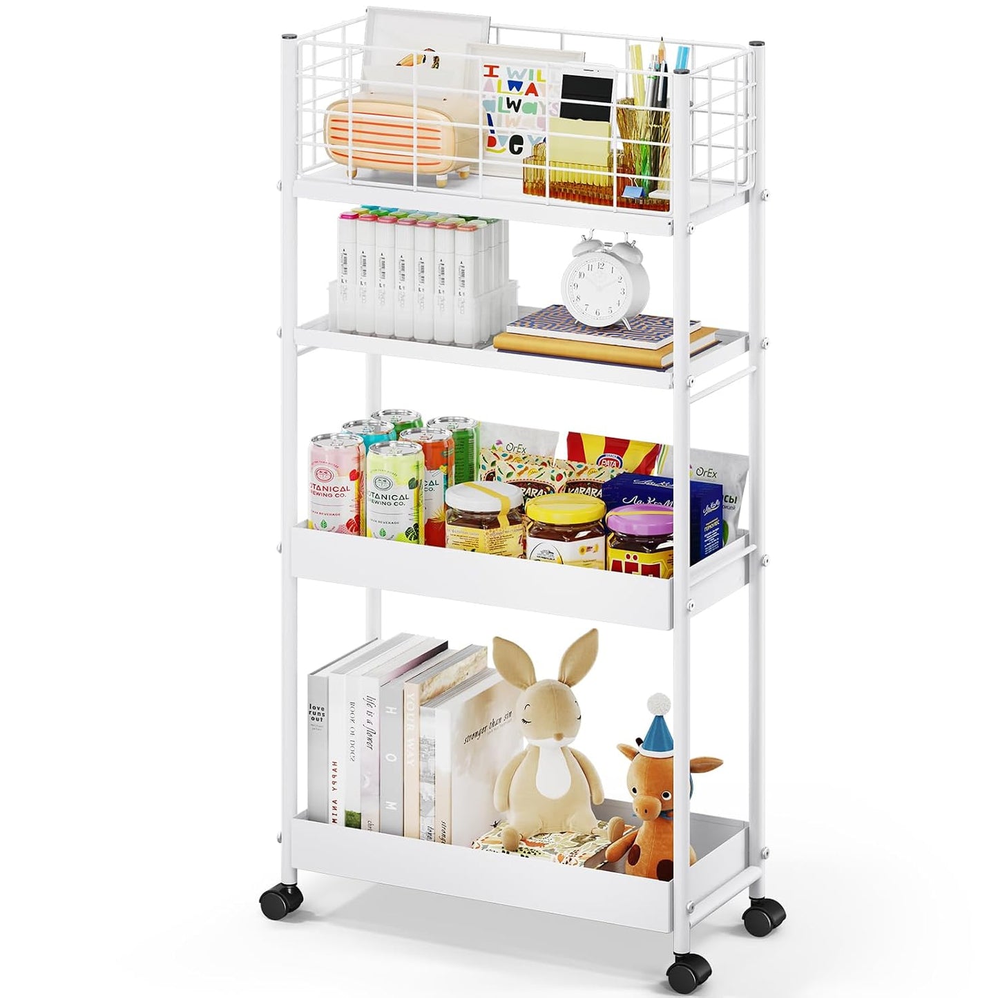 KINGRACK 4 Tier Slim Rolling Cart, Metal Utility Storage Cart with Wheels | 5.7" Raised Edge, Narrow Space Trolley Organizer for Bathroom, Kitchen, Office, Dorm, Laundry, Living Room, White