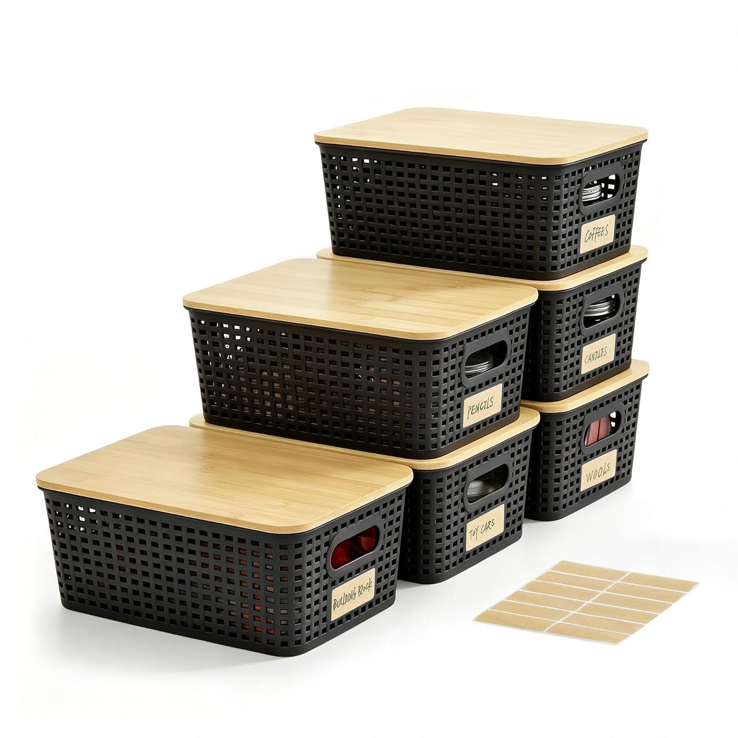 Small Plastic Storage Bins with Bamboo Lids 5.2qt Stackable Box Basket Pantry Decorative Containers Cute with Lable for Organizing Desktop Closet Office Black of 6 packs 10 * 7.2 * 4.1"