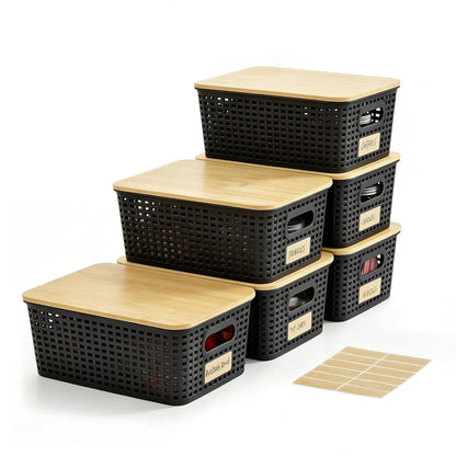 Small Plastic Storage Bins with Bamboo Lids 5.2qt Stackable Box Basket Pantry Decorative Containers Cute with Lable for Organizing Desktop Closet Office Black of 6 packs 10 * 7.2 * 4.1"