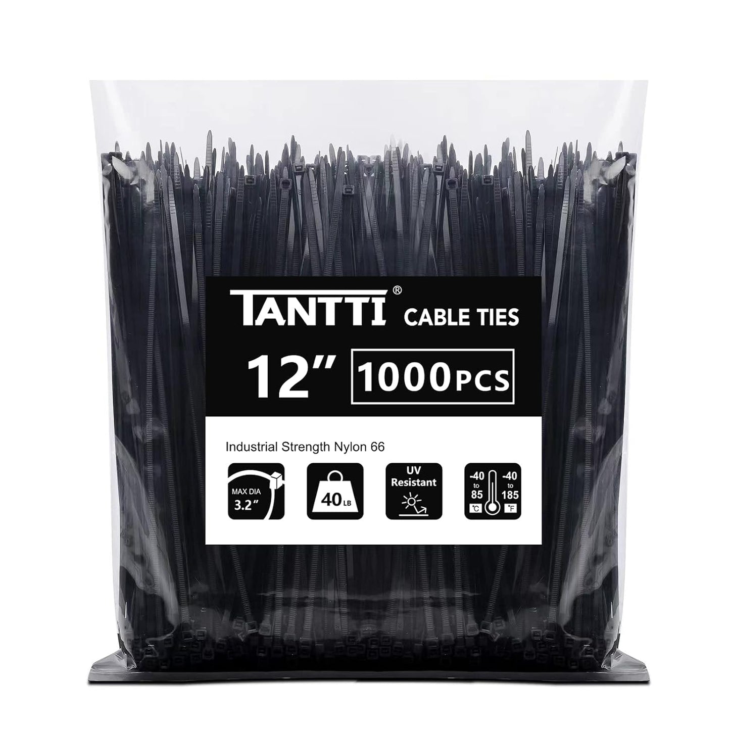 Zip Ties 12 inch, Black Zip Ties 1000 pack, 40lb, Cable Ties, Self-locking Wire ties for indoor and outdoor use, by Tantti