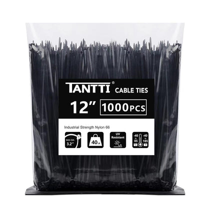 Zip Ties 12 inch, Black Zip Ties 1000 pack, 40lb, Cable Ties, Self-locking Wire ties for indoor and outdoor use, by Tantti