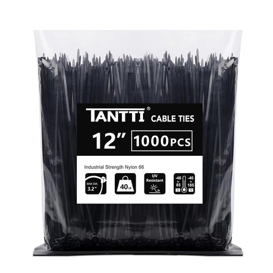 Zip Ties 12 inch, Black Zip Ties 1000 pack, 40lb, Cable Ties, Self-locking Wire ties for indoor and outdoor use, by Tantti
