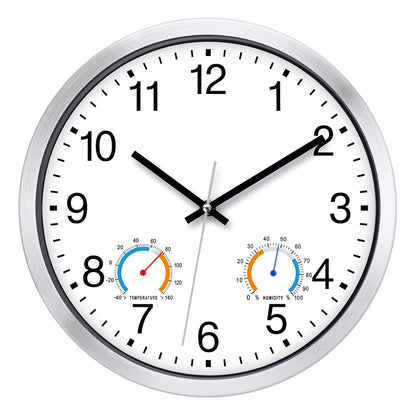 Caysie 12 Inch Indoor Outdoor Clocks Waterproof with Thermometer and Hygrometer Combo, Silent Battery Operated Quartz Metal Wall Clock for Patio Pool Bathroom Home (White)