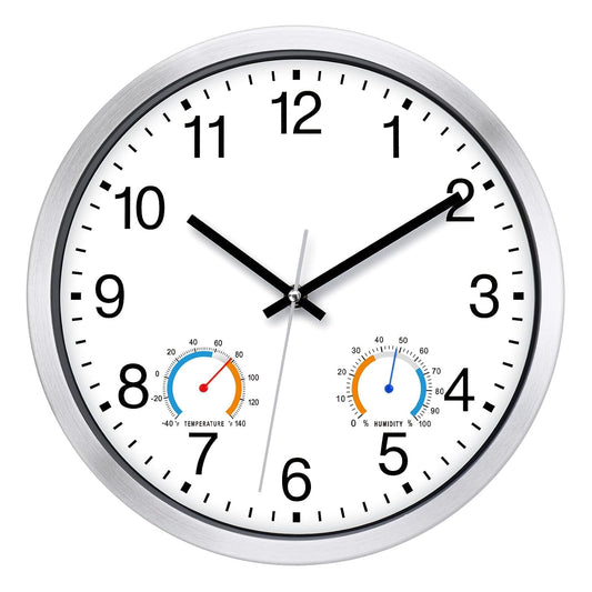 Caysie 12 Inch Indoor Outdoor Clocks Waterproof with Thermometer and Hygrometer Combo, Silent Battery Operated Quartz Metal Wall Clock for Patio Pool Bathroom Home (White)