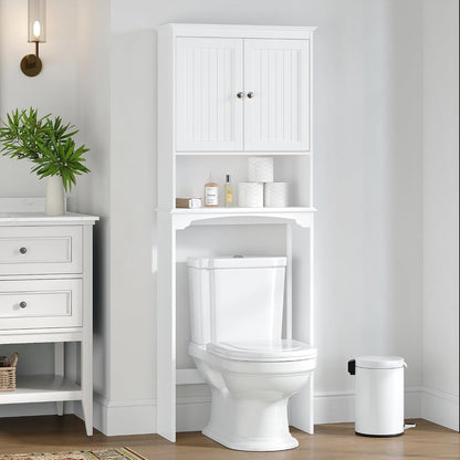 Spirich Over The Toilet Storage Cabinet with Doors, Bathroom Organizer | White, Adjustable Shelf, Anti-Tip Fitting, FSC-Certified MDF, Beadboard Design, 33.3" Toilet Clearance, Adjustable Crossbar