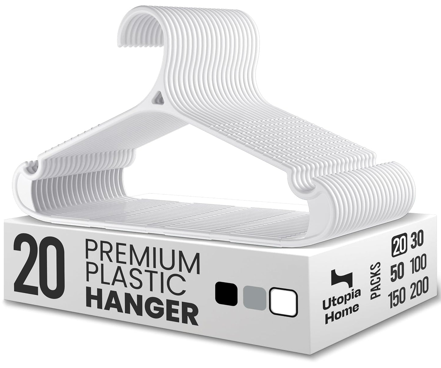 Utopia Home Plastic Hangers 20 Pack – Non-Slip with Pants Bar White | Heavy duty | Non-slip shoulder grooves & notches | Anti-slip pants bar for increased grip