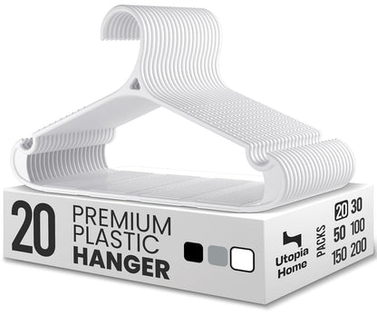 Utopia Home Plastic Hangers 20 Pack – Non-Slip with Pants Bar White | Heavy duty | Non-slip shoulder grooves & notches | Anti-slip pants bar for increased grip