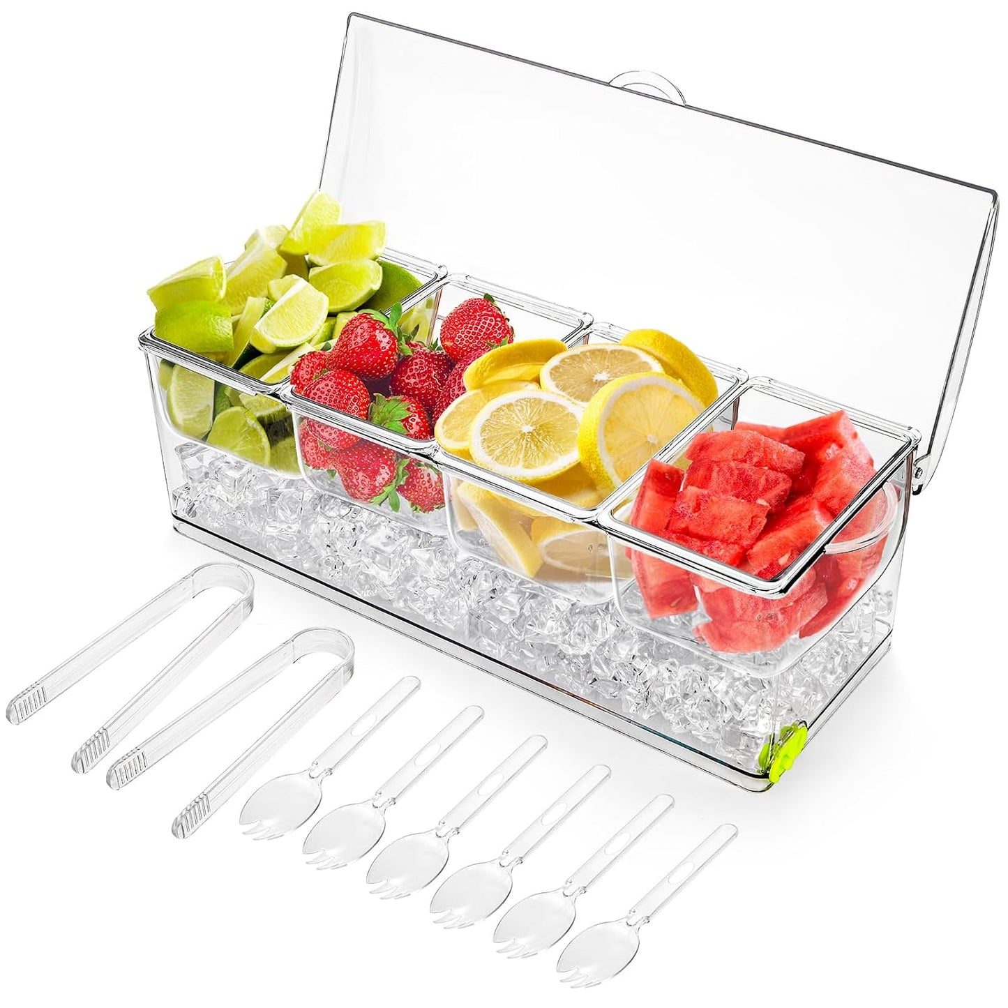Large Ice Chilled Condiment Server with Lid, 4 Com... (Clear | Plastic)