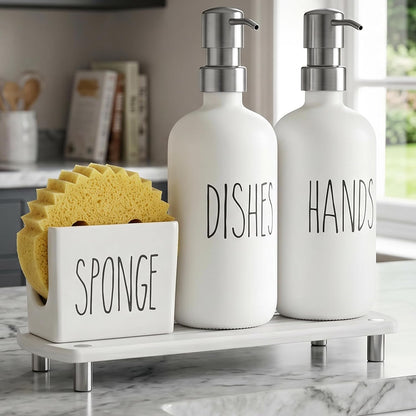 Kitchen Soap Dispenser Set Comes with Ceramics Sponge Holder, Gold Pumps, and Instant Dry Tray, Hand and Dish Soap Dispenser Set (4, Silver + White + Sponge Holder)