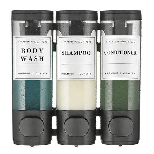 Shower Soap Dispenser Wall Mounted No Drill Shampoo Dispenser for Shower Wall Shampoo and Conditioner Dispenser Bathroom Hotel 3 * 300ml Black with Labels