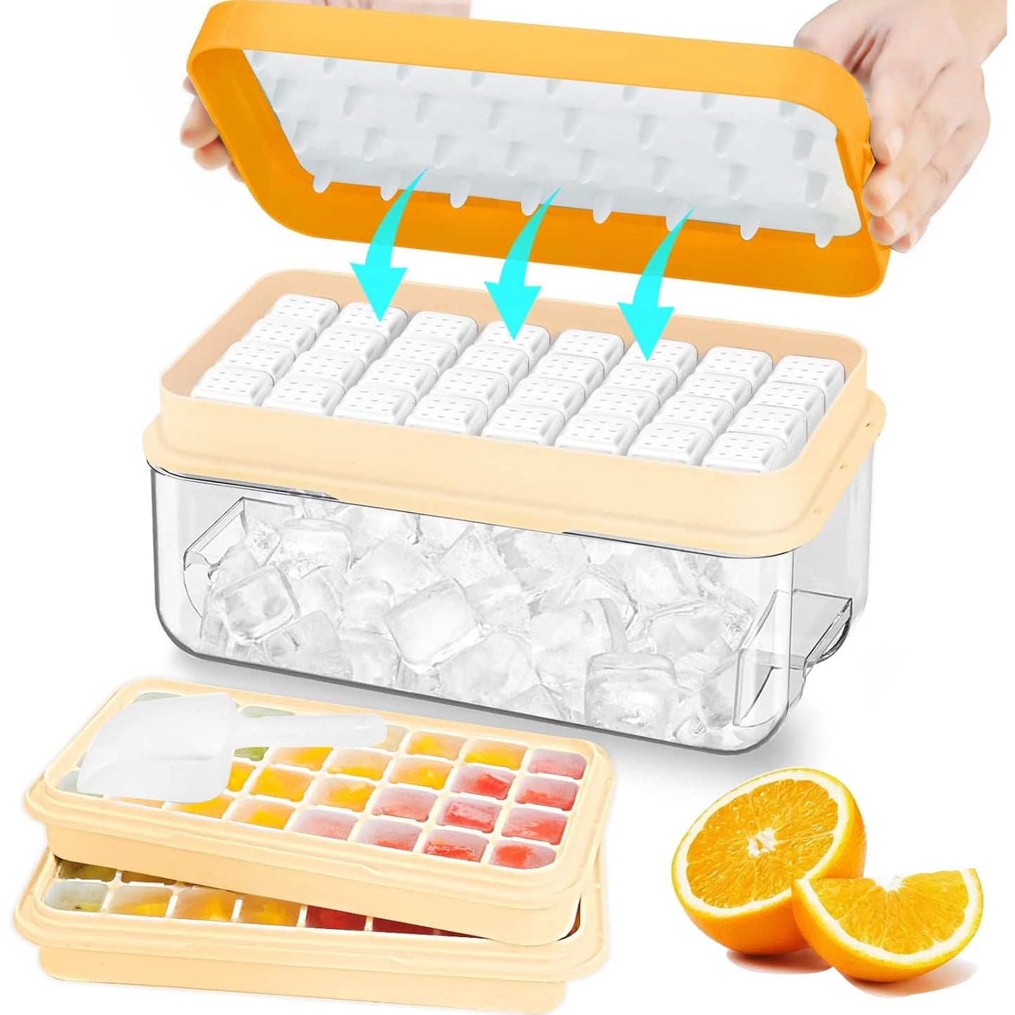 Ice Cube Tray with Lid and Bin, 64 pcs Ice Tray Kit with Ice Scoop, Ice Cube Pop Out Tray, Ice Cube Trays for Freezer, Ice Cube Molds, BPA Free, Easy Release Stackble Spill-Resistant ZZWILLB (Orange)