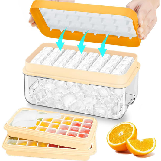 Ice Cube Tray with Lid and Bin, 64 pcs Ice Tray Kit with Ice Scoop, Ice Cube Pop Out Tray, Ice Cube Trays for Freezer, Ice Cube Molds, BPA Free, Easy Release Stackble Spill-Resistant ZZWILLB (Orange)