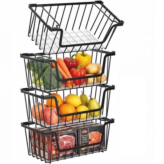 SUNALLY Stackable Storage Bins 4 Pcs Wire Baskets Freezer Organizer, Black | Pantry Organizers Storage, Vegetable Fruit Storage Basket for Countertop, Kitchen Baskets for Onion Potato Snack Cans Storage