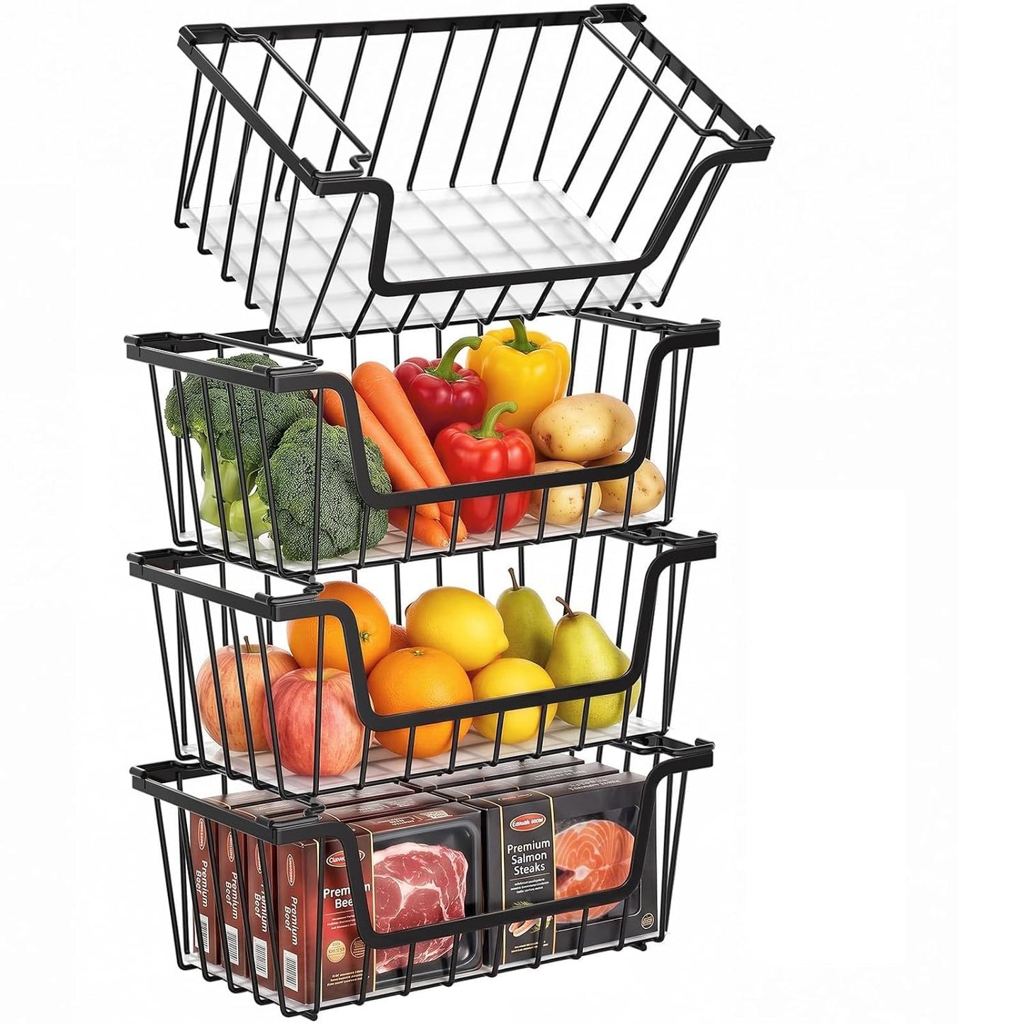 SUNALLY Stackable Storage Bins 4 Pcs Wire Baskets Freezer Organizer, Black | Pantry Organizers Storage, Vegetable Fruit Storage Basket for Countertop, Kitchen Baskets for Onion Potato Snack Cans Storage