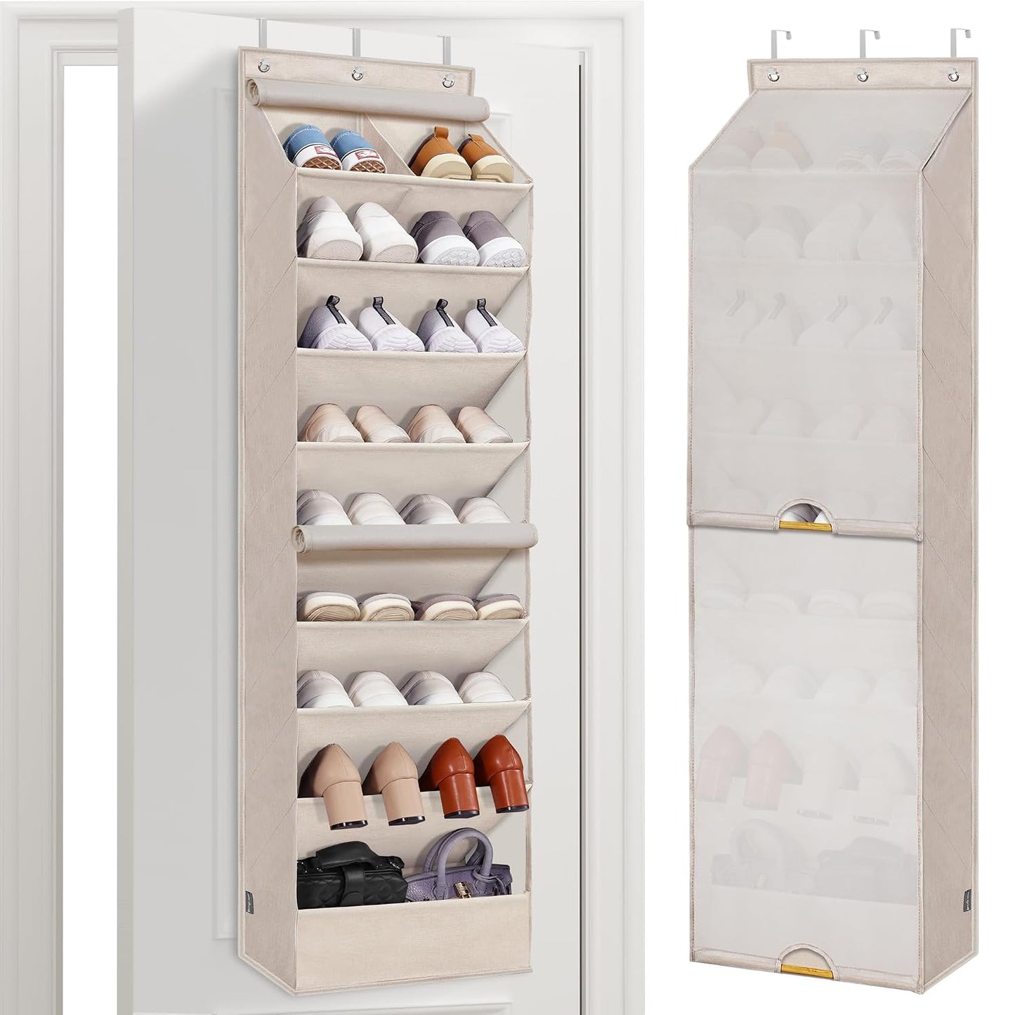 STORAGE MANIAC Over the Door Shoe Organizer with Curtain Dustproof Heavy-Duty Large Deep Pocket Hanging Shoe Organizer for Closet Dorm & Narrow Door Storage Shoe Holder Shoe Rack, 9-Shelf Beige 1 Pack