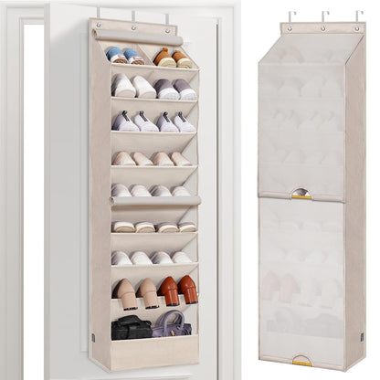 STORAGE MANIAC Over the Door Shoe Organizer with Curtain Dustproof Heavy-Duty Large Deep Pocket Hanging Shoe Organizer for Closet Dorm & Narrow Door Storage Shoe Holder Shoe Rack, 9-Shelf Beige 1 Pack