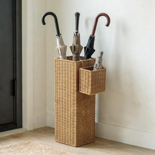 Rattan Umbrella Stand with Drip Tray,Umbrella Holder with Small Basket for Entryway, Tall Wicker Basket for Storage, Woven Organizer for Inoor, Outdoor, Home, Office, Hotel