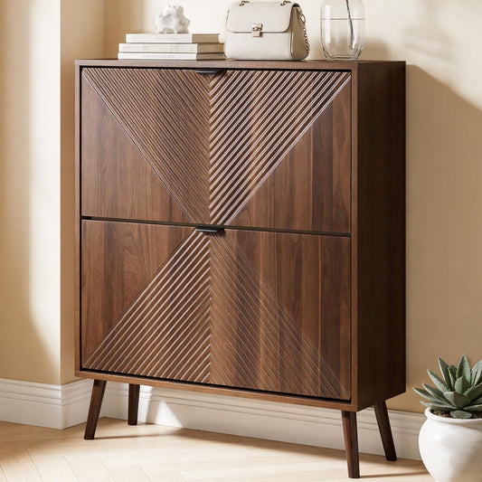 oakvivo Shoe Cabinet Storage, Farmhouse Freestanding Organizer with 2 Flip Drawers and 4 Wooden feet, Narrow Shoe Rack Cabinet for Entryway, Foyer, Hallway, Walnut